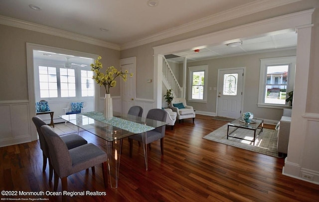 dining space with a healthy amount of sunlight, dark wood-type flooring, and ornamental molding