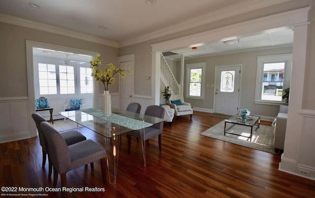 dining area with crown molding, a wealth of natural light, and dark hardwood / wood-style flooring