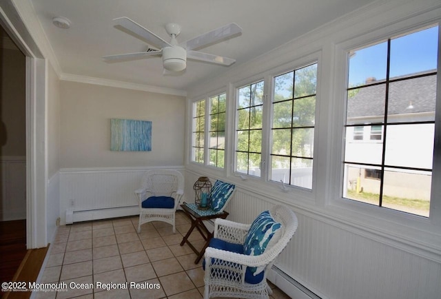 sunroom / solarium with plenty of natural light, ceiling fan, and a baseboard radiator