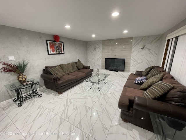 living room with a fireplace