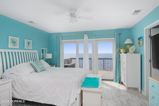 bedroom featuring ceiling fan and access to outside