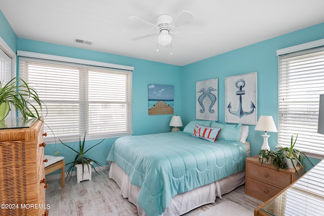 bedroom featuring ceiling fan and light hardwood / wood-style floors