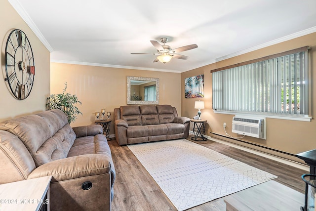 living room featuring hardwood / wood-style flooring, an AC wall unit, ceiling fan, and ornamental molding