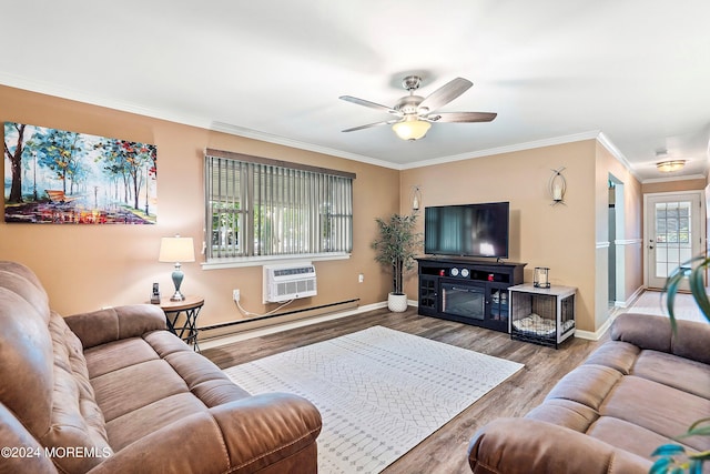 living room with ceiling fan, a baseboard heating unit, an AC wall unit, hardwood / wood-style flooring, and ornamental molding