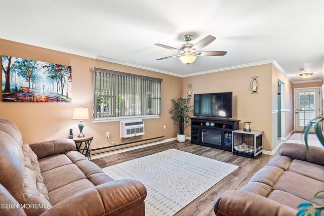 5B Betsy Ross Ln, Whiting, NJ 08759 - living room featuring a wall mounted AC, a ceiling fan, wood finished floors, a baseboard radiator, and ornamental molding