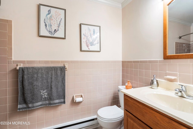 bathroom featuring vanity, toilet, tile walls, and crown molding