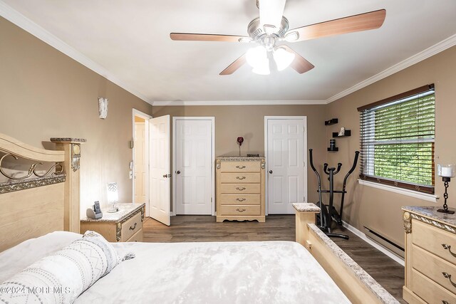 5B Betsy Ross Ln, Whiting, NJ 08759 - bedroom featuring a baseboard radiator, crown molding, ceiling fan, and dark wood-type flooring