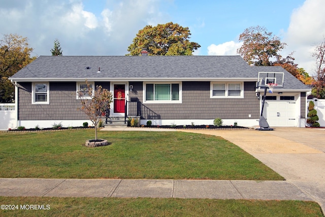 single story home with a front lawn and a garage