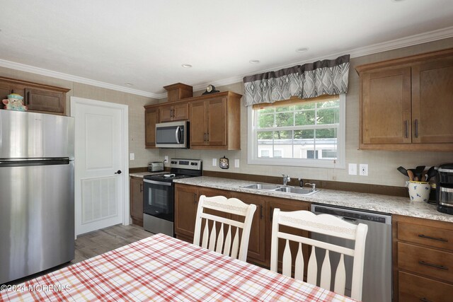 kitchen with light hardwood / wood-style floors, appliances with stainless steel finishes, ornamental molding, and sink