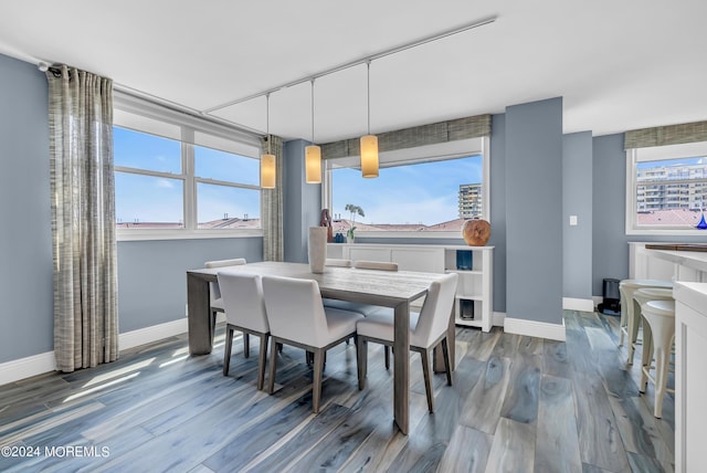 dining space with wood-type flooring