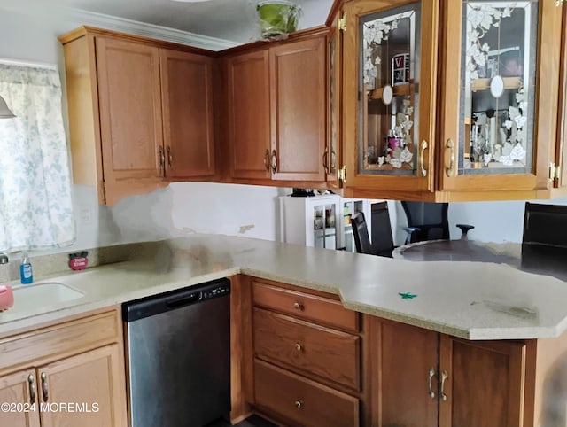 kitchen featuring glass insert cabinets, brown cabinetry, light countertops, and dishwasher