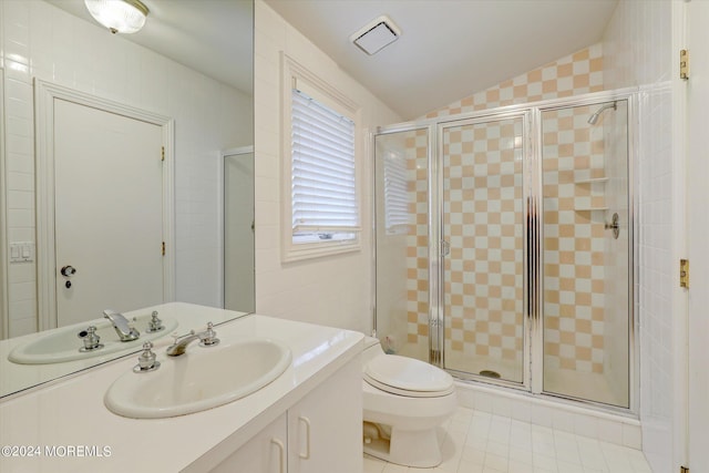 bathroom with visible vents, toilet, tile patterned flooring, vaulted ceiling, and a shower stall