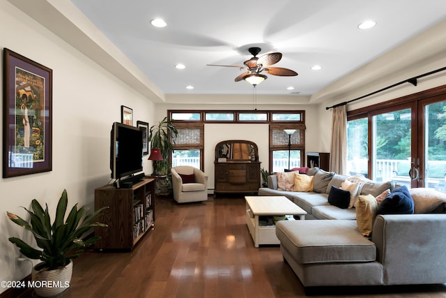 living room featuring french doors, dark hardwood / wood-style floors, and ceiling fan