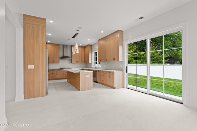 2 Deborah Pl, Oakhurst, NJ 07755 - kitchen featuring wall chimney exhaust hood, a kitchen island, backsplash, freestanding refrigerator, and recessed lighting