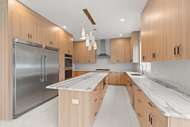 2 Deborah Pl, Oakhurst, NJ 07755 - kitchen featuring stainless steel appliances, wall chimney exhaust hood, light brown cabinetry, a sink, and a center island