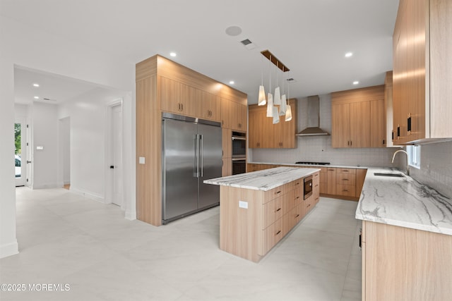 2 Deborah Pl, Oakhurst, NJ 07755 - kitchen featuring appliances with stainless steel finishes, wall chimney exhaust hood, a sink, a kitchen island, and decorative backsplash