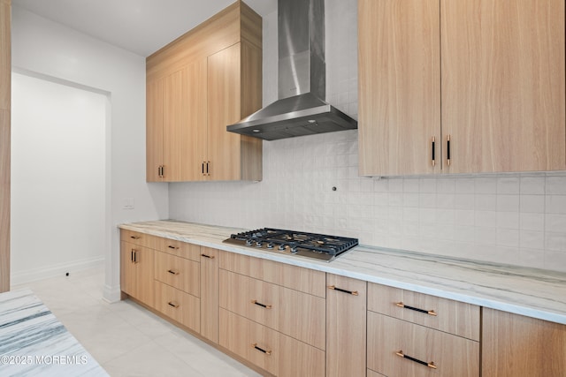 2 Deborah Pl, Oakhurst, NJ 07755 - kitchen featuring wall chimney range hood, light brown cabinetry, and stainless steel gas stovetop