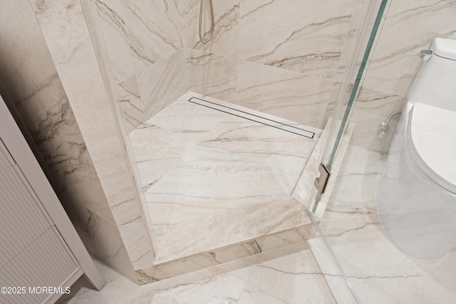 2 Deborah Pl, Oakhurst, NJ 07755 - bathroom featuring a marble finish shower, toilet, and marble tiled flooring