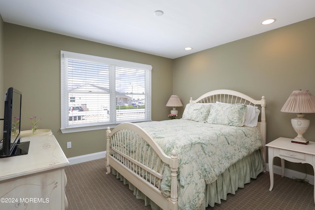 carpeted bedroom with baseboards and recessed lighting