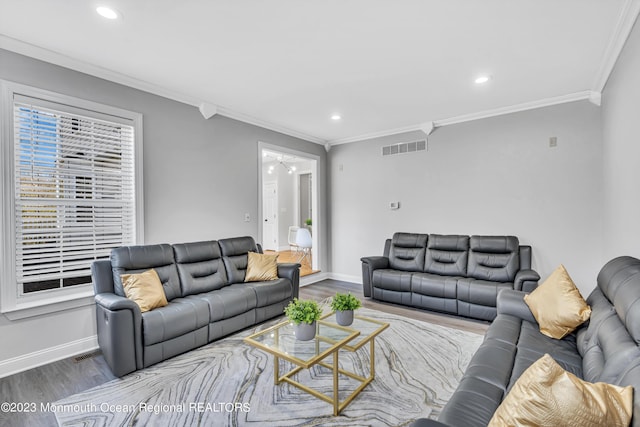 living room with crown molding and wood-type flooring