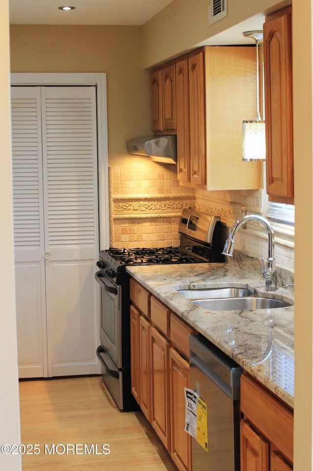 kitchen with appliances with stainless steel finishes, ventilation hood, sink, decorative backsplash, and light stone counters