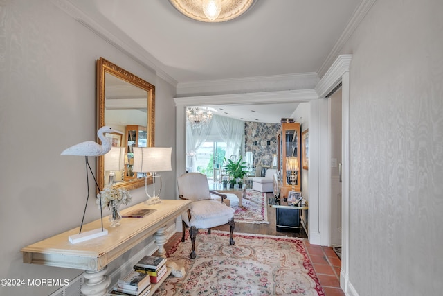 sitting room with tile patterned flooring and crown molding