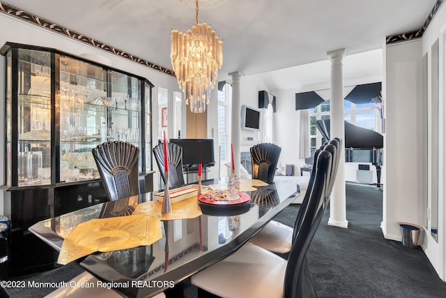 1969 Whitesville Rd, Toms River, NJ 08755 - carpeted dining room featuring decorative columns and a chandelier