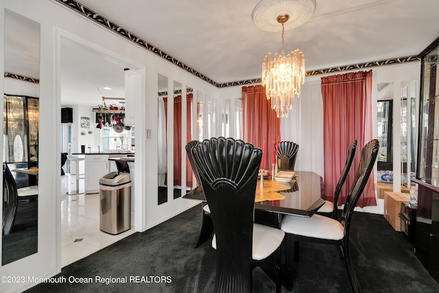 1969 Whitesville Rd, Toms River, NJ 08755 - dining space with light tile patterned floors and a chandelier