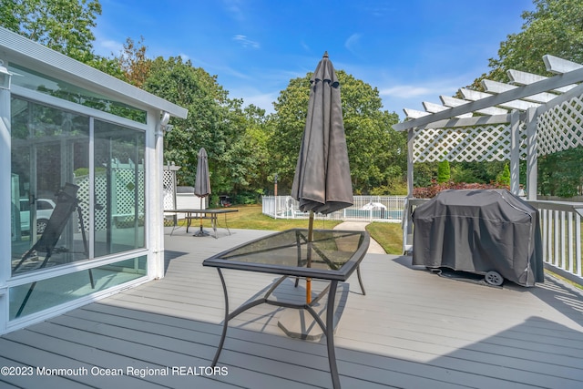 1969 Whitesville Rd, Toms River, NJ 08755 - wooden deck with a pergola, a swimming pool, and grilling area