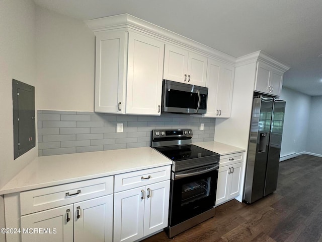 kitchen with backsplash, dark hardwood / wood-style flooring, electric panel, white cabinetry, and stainless steel appliances