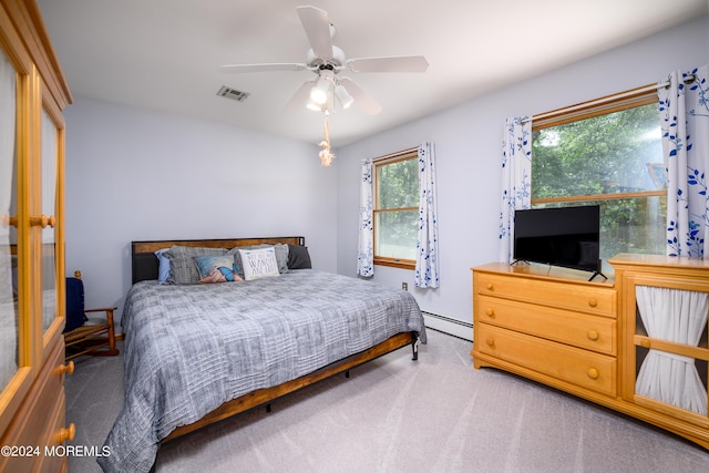 bedroom featuring a baseboard radiator, visible vents, ceiling fan, and carpet flooring