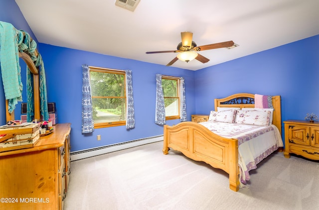 bedroom featuring carpet, visible vents, a baseboard heating unit, and ceiling fan