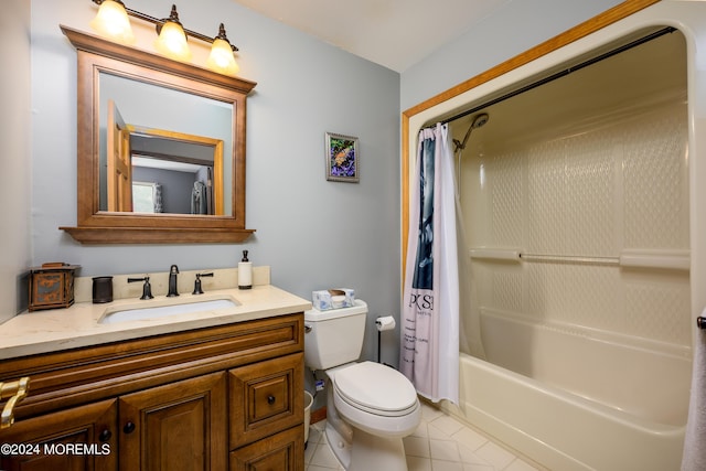 full bath featuring shower / tub combo, vanity, toilet, and tile patterned floors