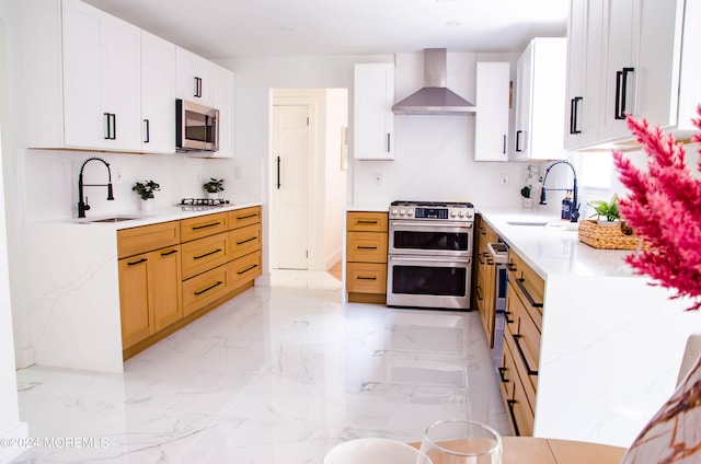 kitchen featuring sink, wall chimney exhaust hood, tasteful backsplash, white cabinetry, and stainless steel appliances