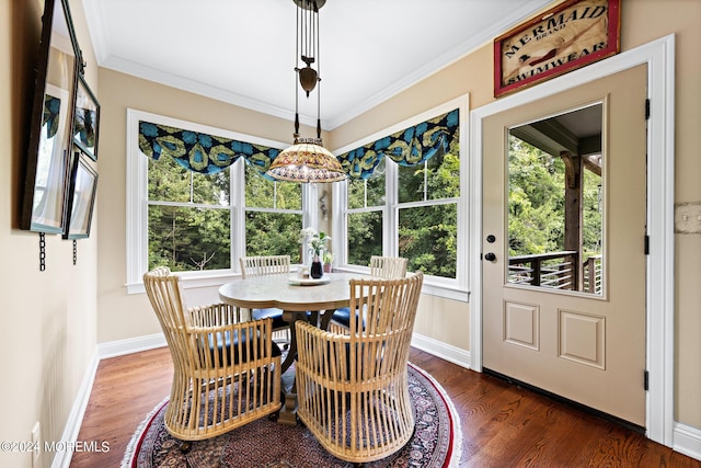 dining room featuring crown molding, dark wood-type flooring, and a healthy amount of sunlight