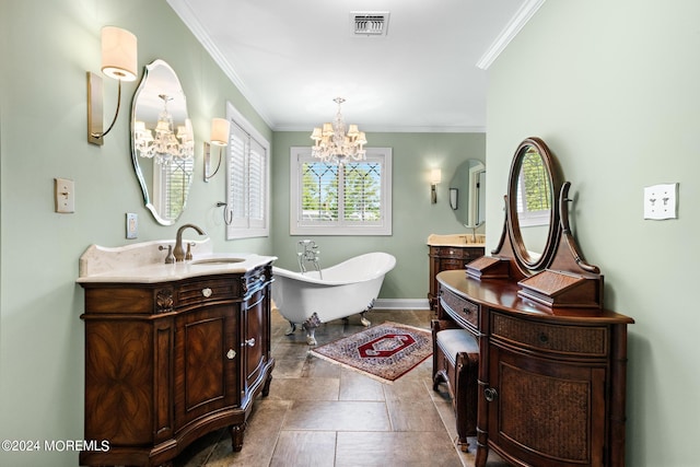 bathroom featuring a bath, crown molding, an inviting chandelier, and tile patterned flooring