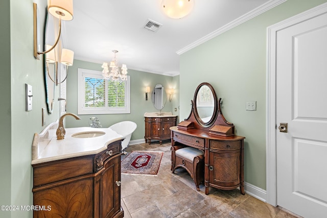 bathroom with crown molding, a chandelier, vanity, and tile patterned floors