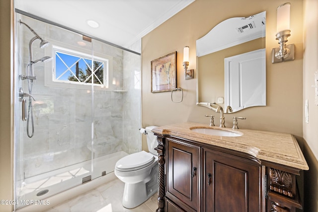 bathroom featuring a shower with door, toilet, vanity, tile patterned floors, and crown molding