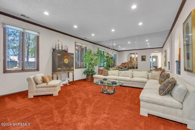 carpeted living area featuring recessed lighting, arched walkways, visible vents, and ornamental molding