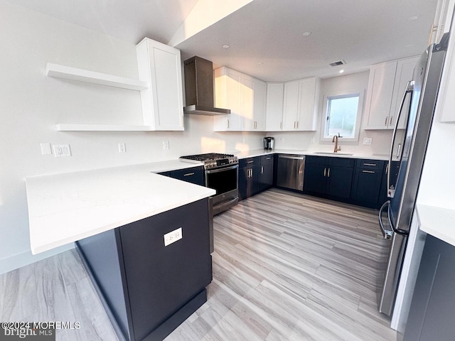 kitchen with light hardwood / wood-style flooring, white cabinetry, stainless steel appliances, kitchen peninsula, and wall chimney range hood