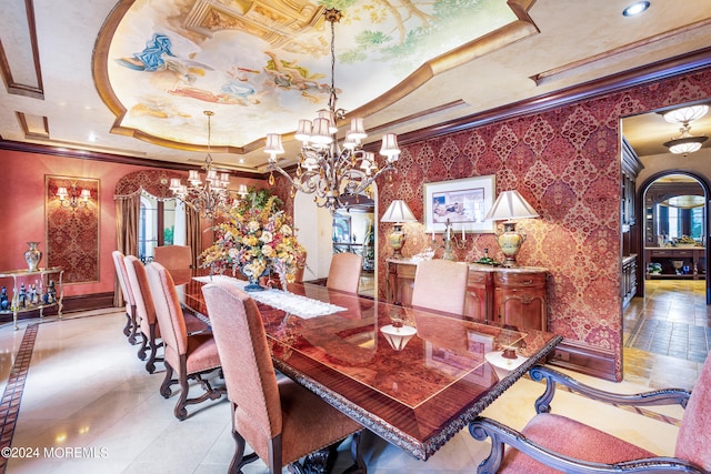 tiled dining area with crown molding, a notable chandelier, and a tray ceiling