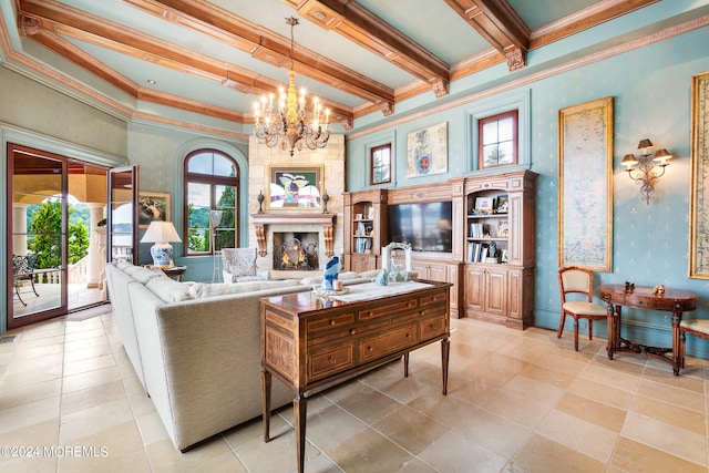 tiled living room featuring built in shelves, a chandelier, beam ceiling, a fireplace, and crown molding