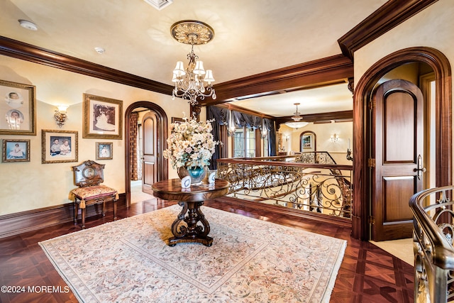 interior space with crown molding, ceiling fan with notable chandelier, and dark parquet flooring