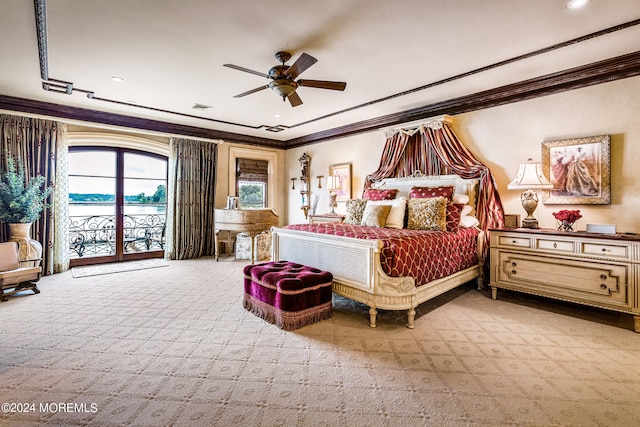 carpeted bedroom with ceiling fan, access to outside, and ornamental molding