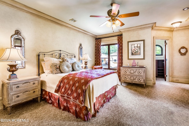 carpeted bedroom with ceiling fan, access to outside, and ornamental molding