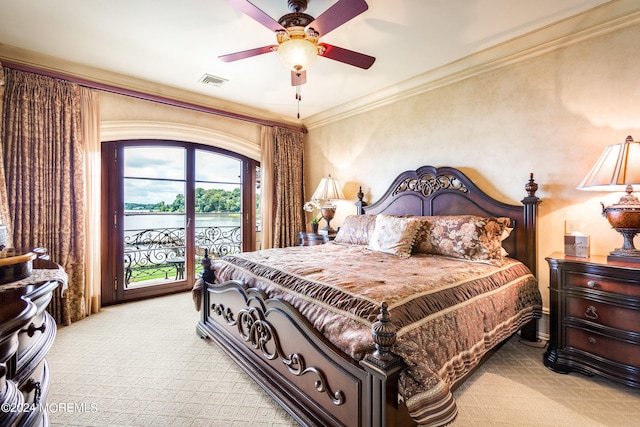 bedroom with ceiling fan, crown molding, light carpet, and access to exterior