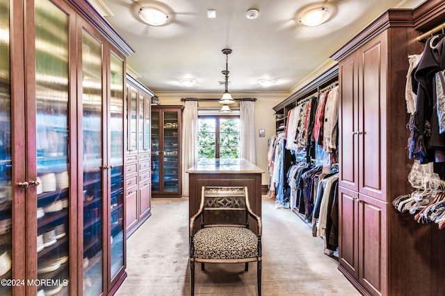 walk in closet with french doors and light carpet