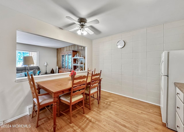 dining area with ceiling fan, light wood-type flooring, and tile walls