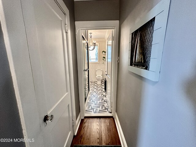 corridor featuring ornamental molding, dark wood-type flooring, tile walls, and baseboards