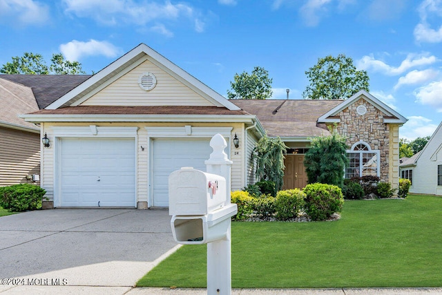 view of front of property featuring a front lawn and a garage